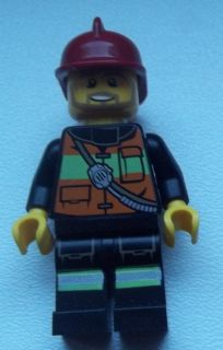 LEGO Minifigure-Fire - Reflective Stripes with Pockets and Shoulder Strap, Dark Red Fire Helmet, Beard Light Brown Angular-Town / City / Fire-CTY369-Creative Brick Builders